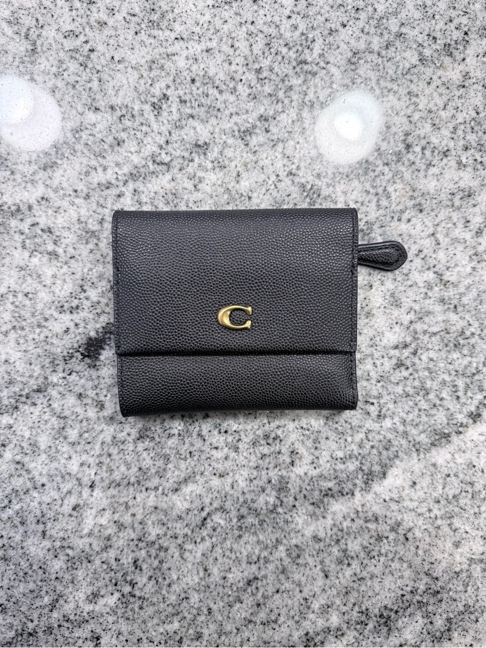 Coach Black Leather Trifold Wallet with Gold C Logo